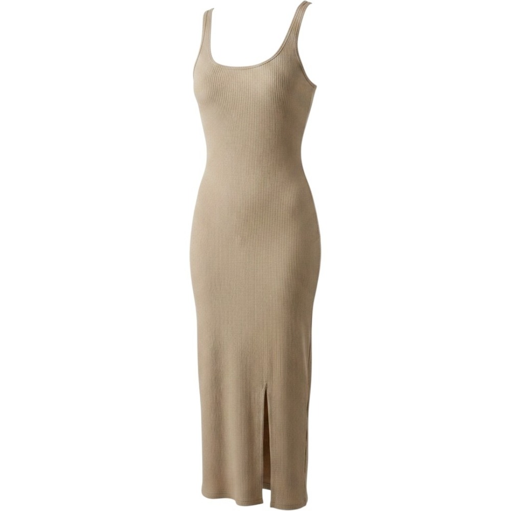 Ocean Drive Ribbed Maxi Dress Beige Sand Scoop Neck Sleeveless Side Slit Large